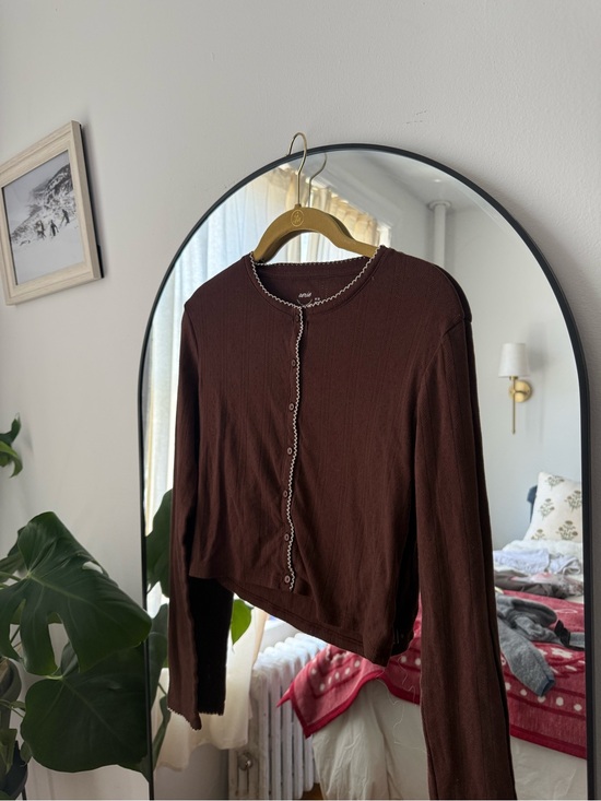 aerie Tops - Aerie Pointelle Women’s Brown Scalloped-Edge Button Cardigan